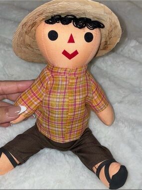 Kids Plush Farmer Doll with Yellow Plaid Shirt